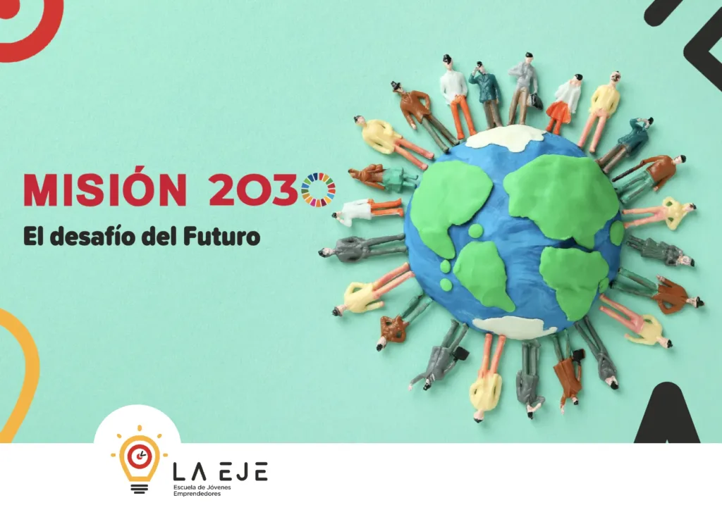 Imagen del evento "Misión 2030" de LA EJE con un globo terráqueo rodeado de figuras humanas sobre un fondo verde, promoviendo los Objetivos de Desarrollo Sostenible.