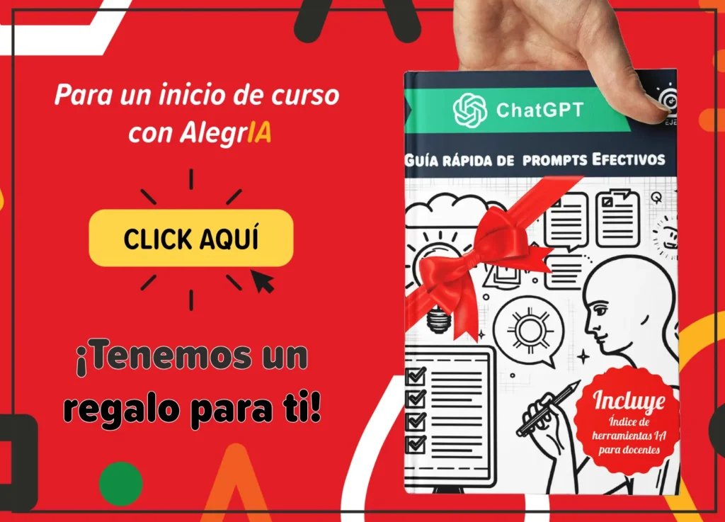 Banner promocional para un inicio de curso con AlegrIA, ofreciendo una guía rápida de prompts efectivos con un regalo para docentes.