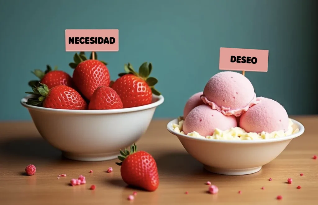 Tazón de fresas etiquetado como "necesidad" junto a un tazón de helado etiquetado como "deseo" para ilustrar la diferencia entre necesidades y deseos