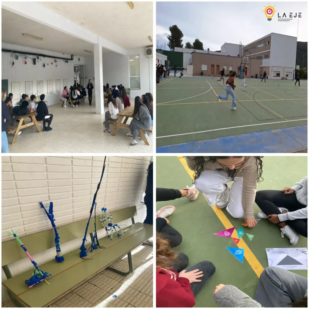 Collage de imágenes del taller Olimpiada Emprendedora en el IES Enric Valor de Orba, mostrando actividades al aire libre, dinámicas de equipo y construcciones creativas.