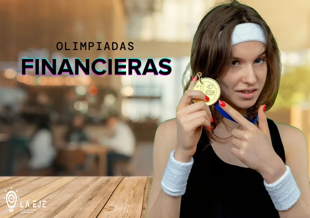 Participante de las Olimpiadas Financieras mostrando una medalla, simbolizando aprendizaje financiero en un evento de La EJE.