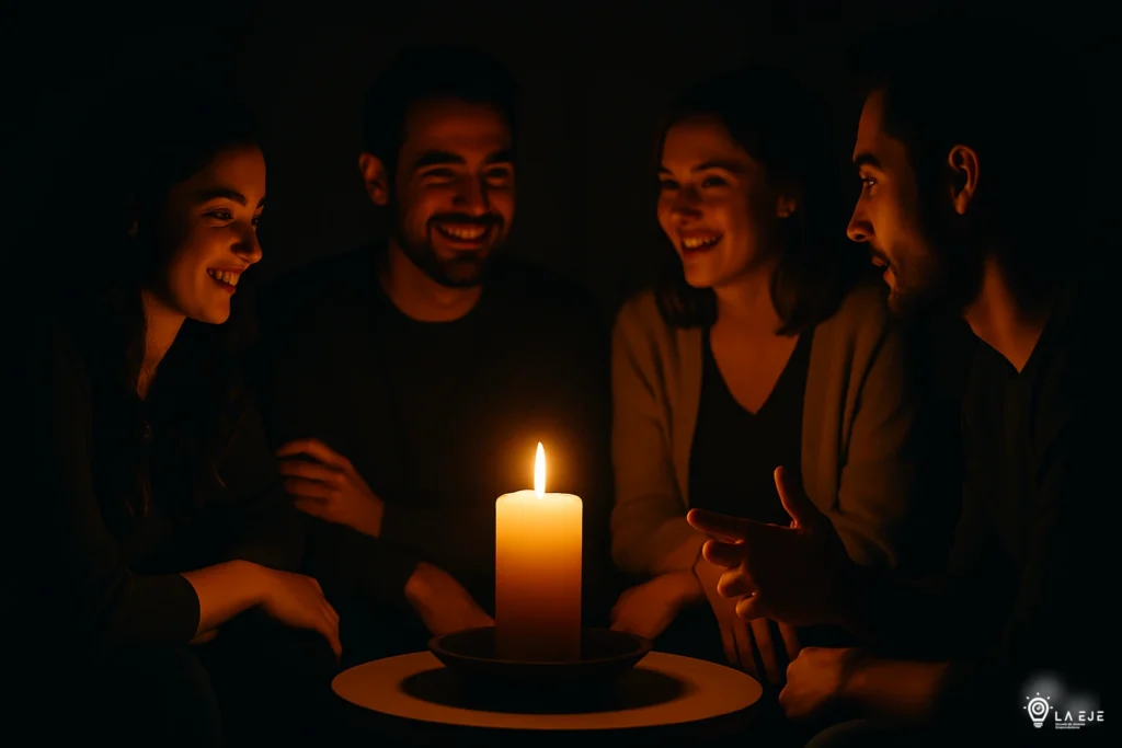 Personas conversando en la oscuridad con una vela encendida en el centro, símbolo de conexión humana