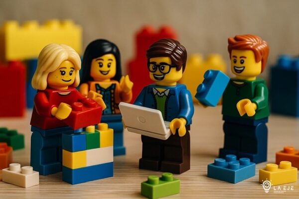 Cuatro figuras de LEGO en escena colaborativa que simbolizan a jóvenes emprendedores, con el logo de La EJE en blanco en la esquina inferior derecha.