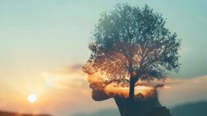 Silueta de una cabeza humana con un árbol creciendo en su interior, al atardecer, simbolizando el desarrollo personal y la mentalidad de crecimiento.