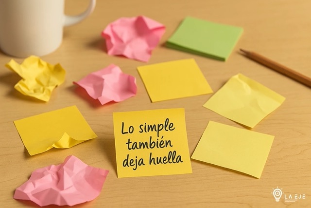 Post-it de colores sobre una mesa de trabajo, algunos caídos o desordenados, con el logo blanco de La EJE en la esquina inferior derecha.