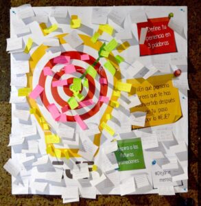 Mural con forma de bombilla decorado con notas escritas a mano y post-its de colores con reflexiones de jóvenes sobre su experiencia en La EJE.