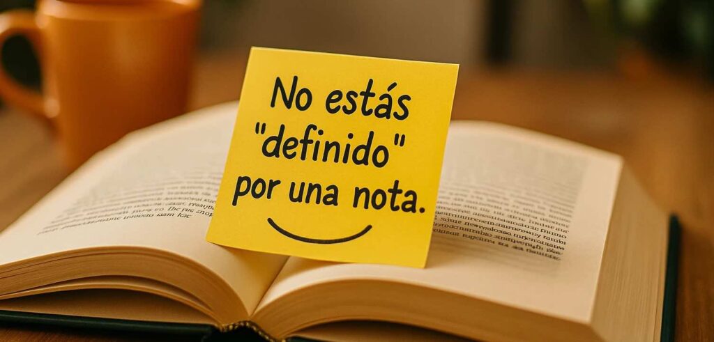 Libro abierto sobre una mesa, con una nota de motivación para estudiantes de la EBAU y el logo blanco de La EJE en la esquina inferior derecha.