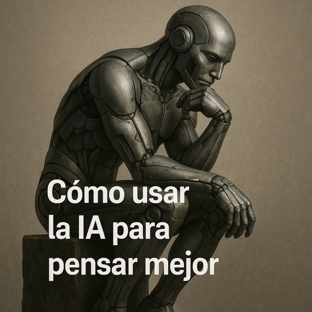 Robot metálico en pose reflexiva con el texto 'Cómo usar la IA para pensar mejor', acompañado del logo blanco de la Escuela de Jóvenes Emprendedores."