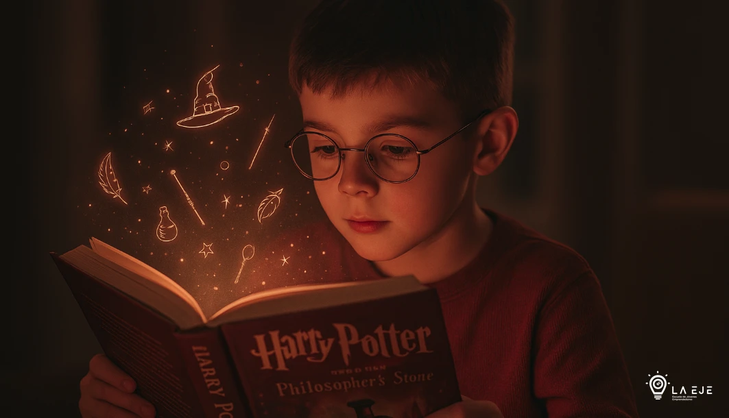 Niño sentado leyendo un libro del que emergen símbolos de imaginación y fantasía, acompañado del logo blanco de La EJE.