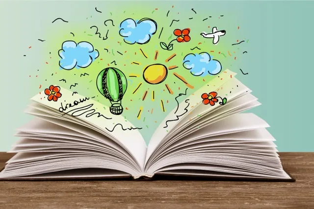 Libro abierto con dibujos creativos que simbolizan el aprendizaje, la creatividad y la educación positiva, representando el enfoque educativo de La EJE.