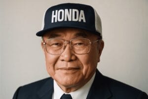 Retrato de Soichiro Honda, fundador de Honda Motor Co., con gorra de la marca y traje, símbolo de superación, esfuerzo y emprendimiento, en el blog de La EJE.