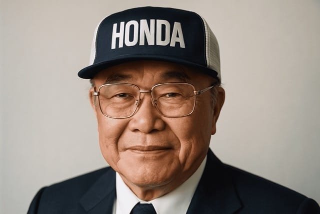 Retrato de Soichiro Honda, fundador de Honda Motor Co., con gorra de la marca y traje, símbolo de superación, esfuerzo y emprendimiento, en el blog de La EJE.