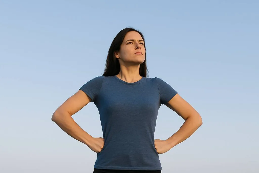 Mujer en postura de poder con manos en la cintura y mirada al frente bajo un cielo despejado