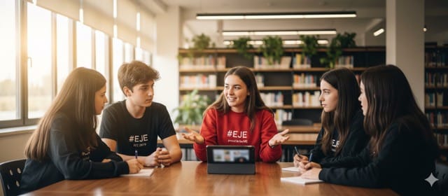 Jóvenes en un taller de La EJE debatiendo sobre el uso ético de la inteligencia artificial, demostrando pensamiento crítico y colaboración.