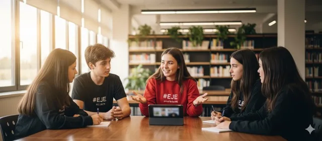 Jóvenes en un taller de La EJE debatiendo sobre el uso ético de la inteligencia artificial, demostrando pensamiento crítico y colaboración.