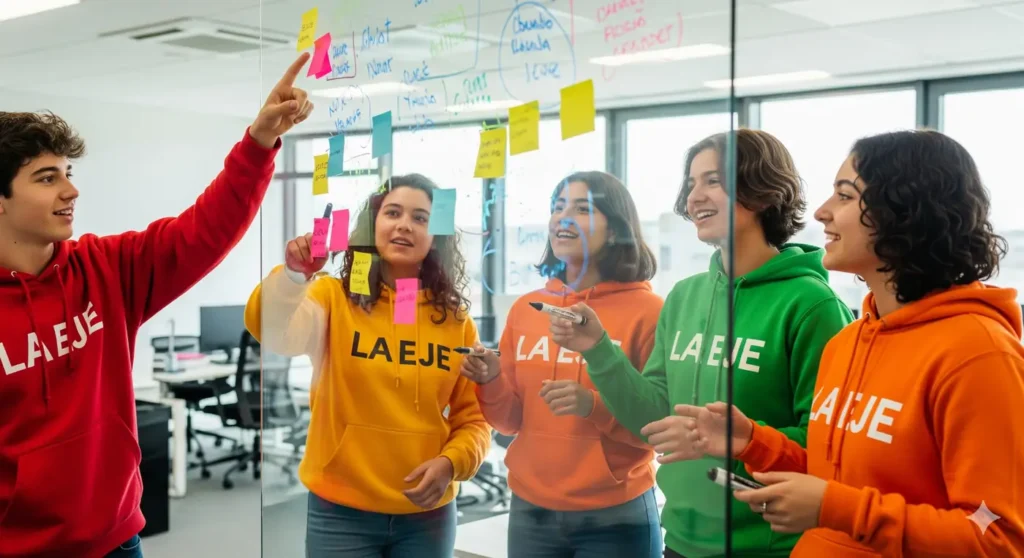 Jóvenes de La EJE colaboran en un taller de brainstorming, escribiendo ideas en post-its sobre un panel de vidrio.