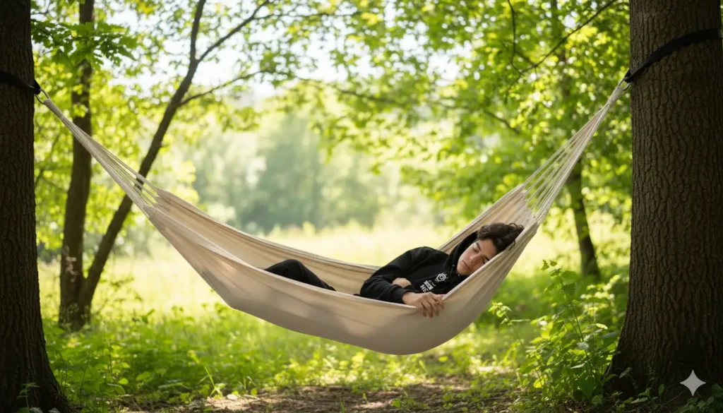 Adolescente de La EJE descansa en una hamaca entre árboles en plena naturaleza.