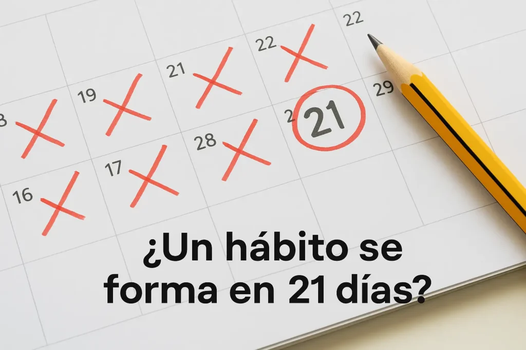 Calendario con el día 21 rodeado y varios días tachados, junto a un lápiz amarillo, representando el mito de formar hábitos en 21 días.