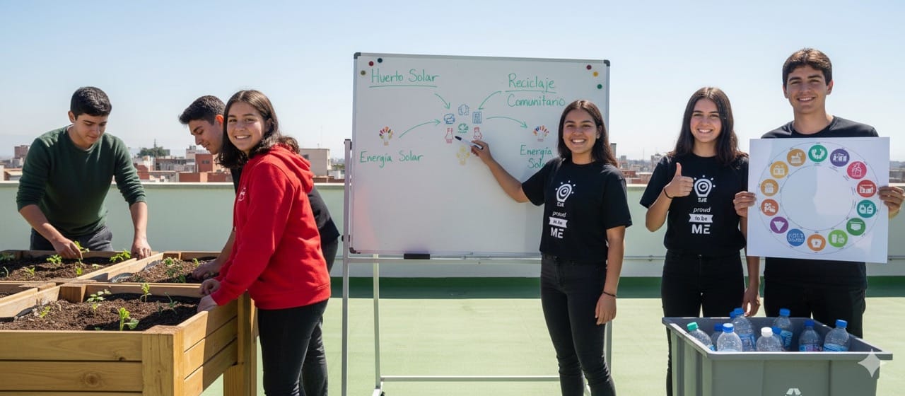 Jóvenes trabajando colaborativamente en un proyecto escolar relacionado con los Objetivos de Desarrollo Sostenible (ODS).