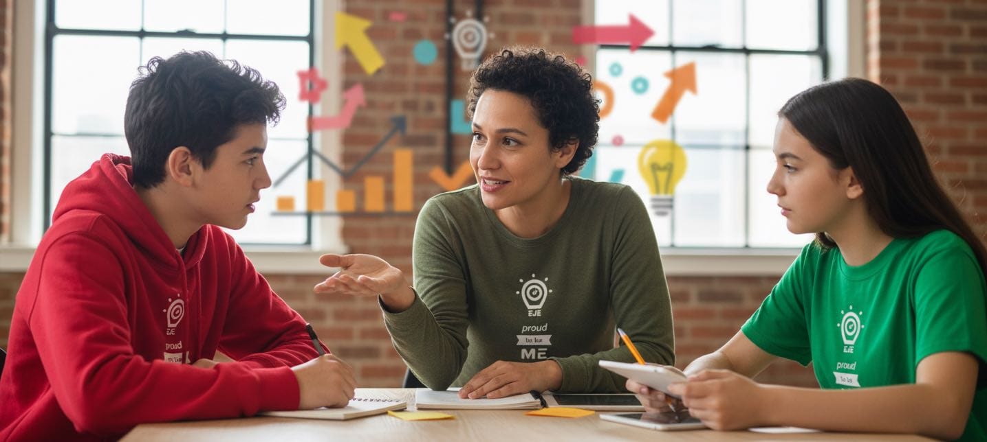 Una mentora de La EJE dando feedback constructivo a dos adolescentes. Los jóvenes, un chico con sudadera roja y una chica con camiseta verde (ambas con el logo 'EJE proud to be ME'), escuchan atentamente en un ambiente positivo y de confianza.