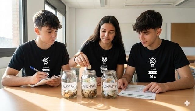 Jóvenes estudiantes de La EJE trabajando con el método de los tres frascos de educación financiera