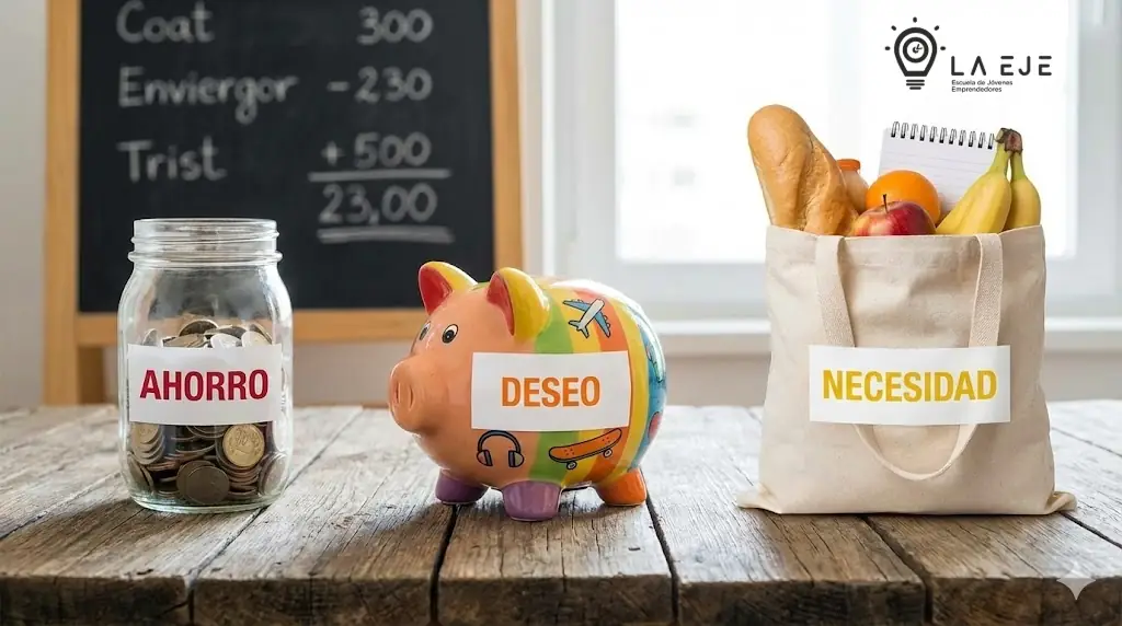 Imagen educativa que representa los conceptos de ahorro, deseo y necesidad mediante objetos visuales utilizados en los talleres de la Escuela de Jóvenes Emprendedores. Ideal para contenidos de educación financiera, hábitos económicos y toma de decisiones inteligentes en jóvenes.