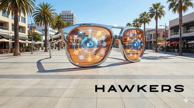 Ilustración conceptual de gafas de sol gigantes en un entorno urbano soleado con jóvenes emprendedores de La EJE alrededor