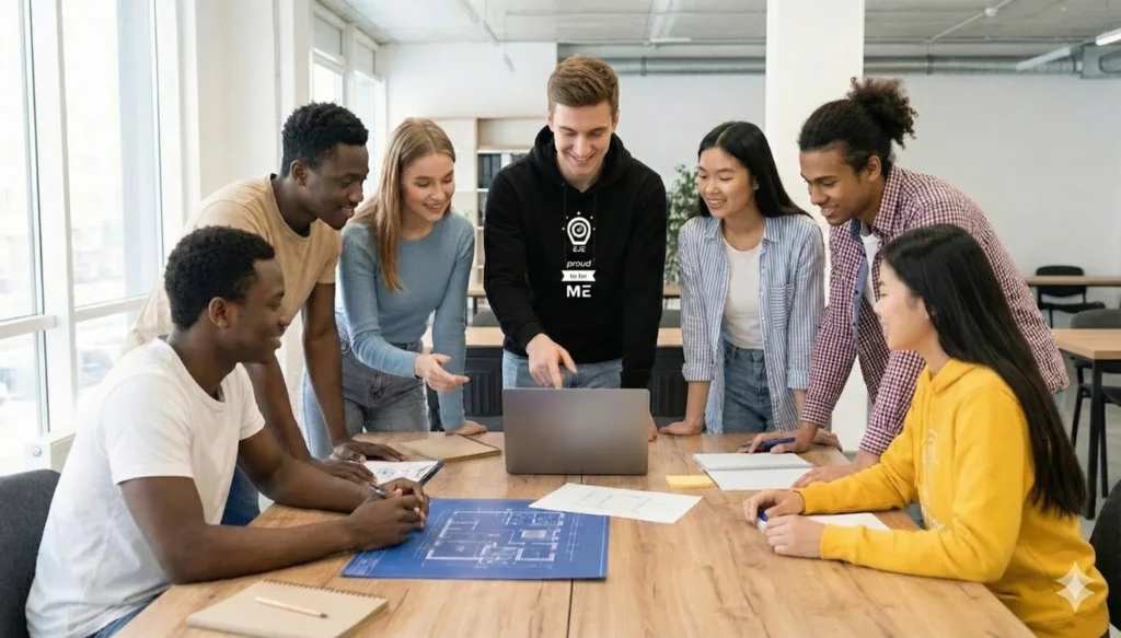 Jóvenes trabajando en equipo en un aula creativa de la Escuela de Jóvenes Emprendedores.