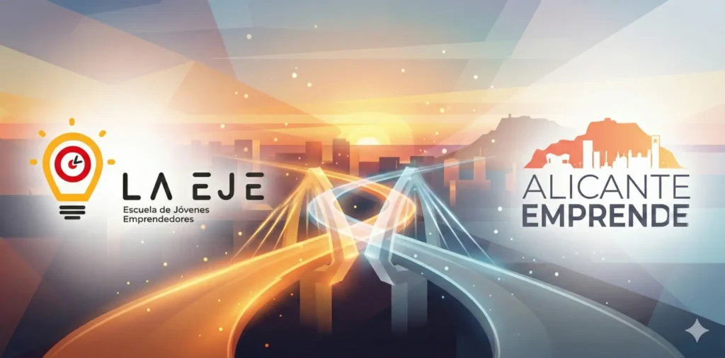 Logos de LAEJE y Alicante Emprende unidos por caminos de luz que representan su alianza para fomentar el emprendimiento juvenil.