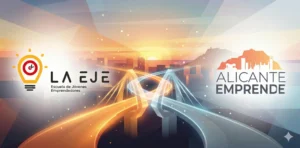 Logos de LAEJE y Alicante Emprende unidos por caminos de luz que representan su alianza para fomentar el emprendimiento juvenil.