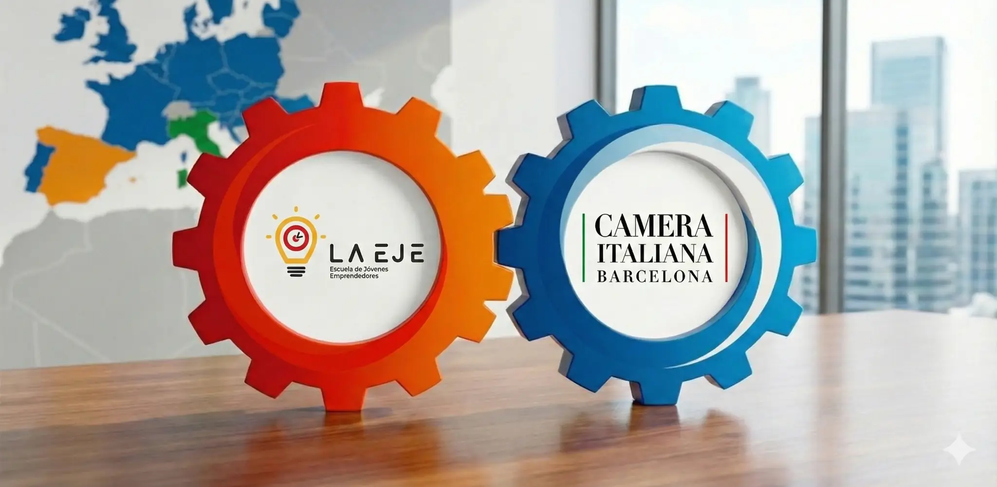 Apretón de manos entre representante de La EJE con sudadera oficial y representante de la Cámara de Comercio Italiana, simbolizando el nuevo convenio.