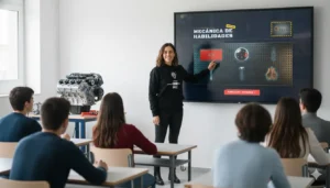 Estudiantes aprendiendo Mecánica de Habilidades en la Escuela de Jóvenes Emprendedores con una instructora frente a una pantalla interactiva.