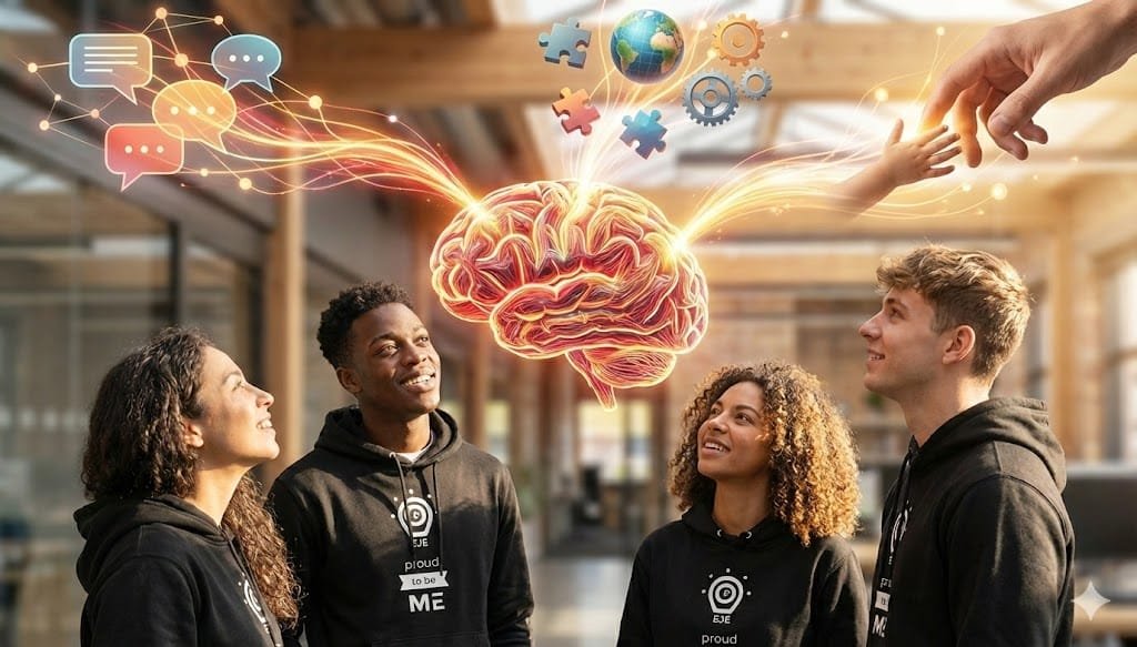 Ilustración conceptual de un cerebro conectado con nodos de diálogo, mentoría y problemas reales