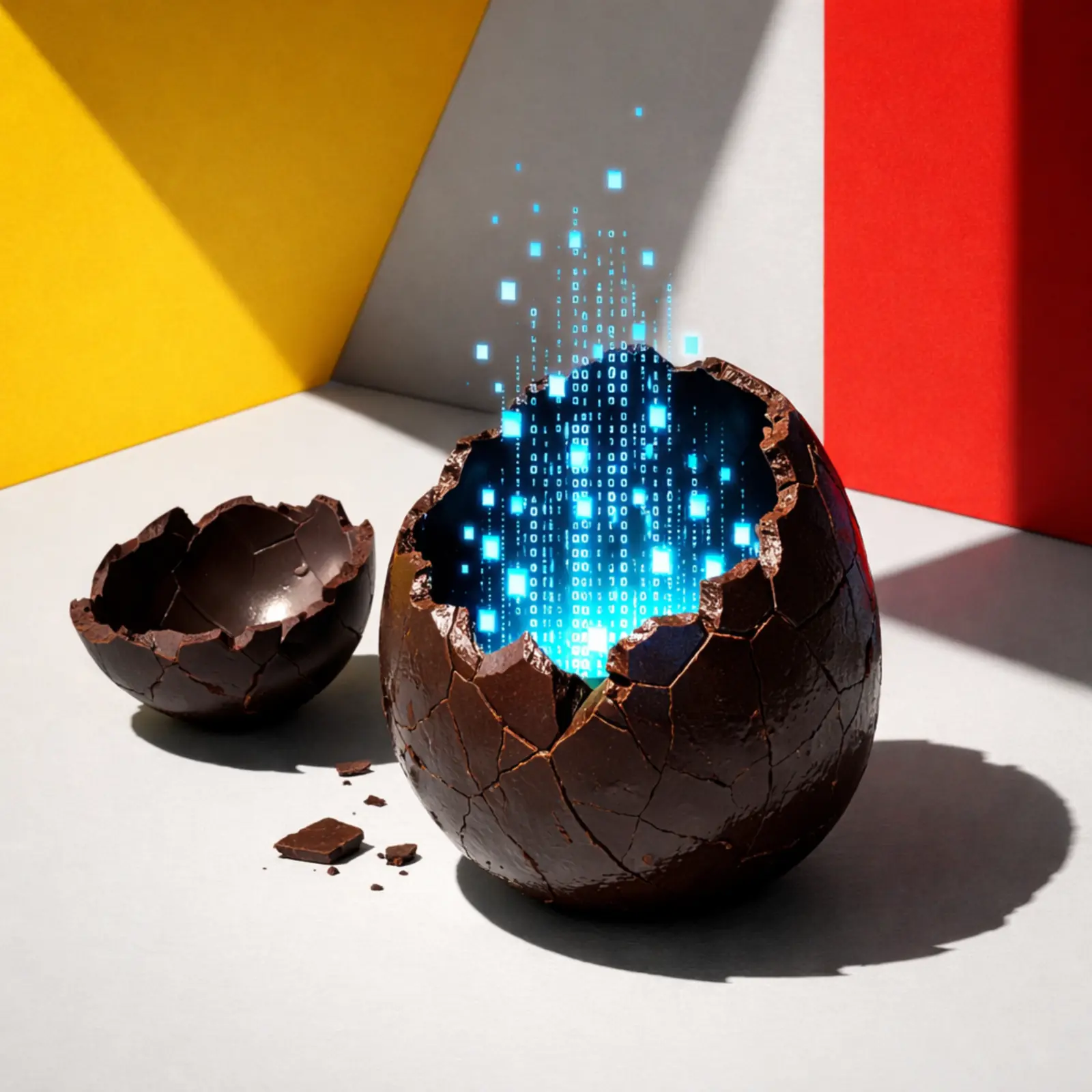 Ilustración conceptual de un huevo de chocolate artesanal fusionado con código digital