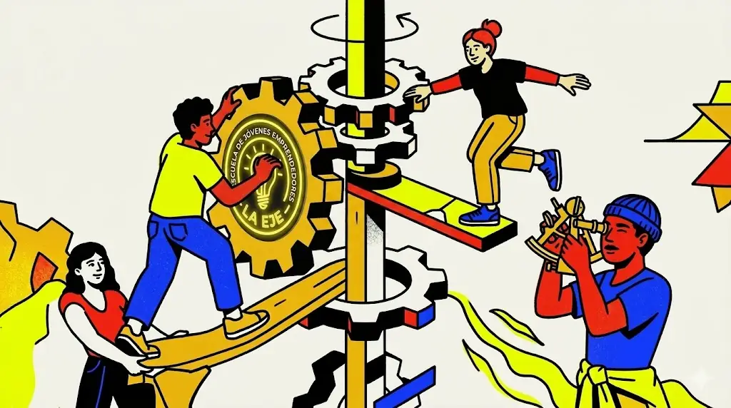Ilustración de jóvenes trabajando en engranajes representando habilidades emprendedoras y educación práctica.