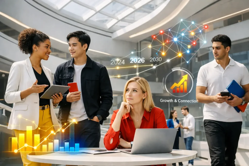 Jóvenes trabajando en innovación y emprendimiento con gráficos de crecimiento y conexión digital