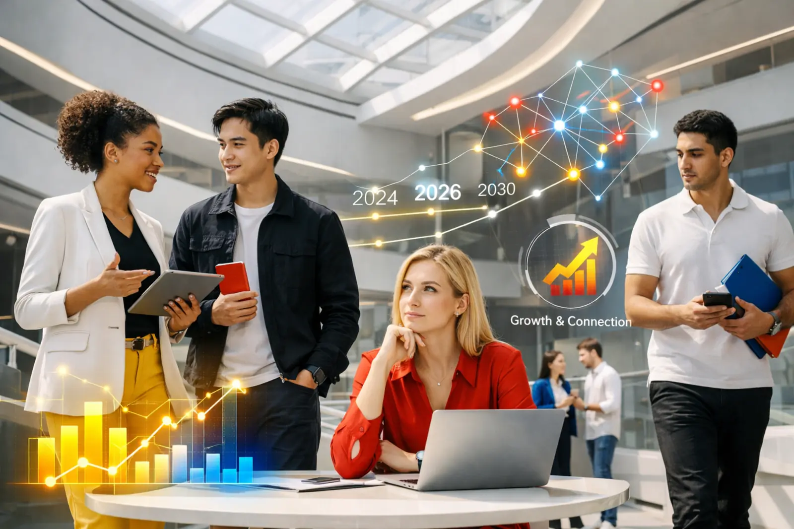 Jóvenes trabajando en innovación y emprendimiento con gráficos de crecimiento y conexión digital