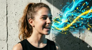 Joven sonriendo con efecto visual de voz digital, código y energía creativa en tonos azules y amarillos