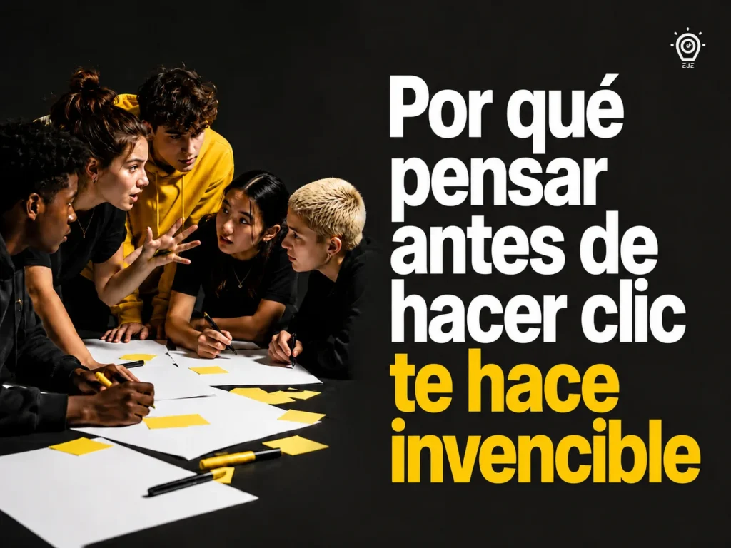 Jóvenes trabajando en equipo para desarrollar pensamiento crítico y prevenir riesgos digitales antes de hacer clic