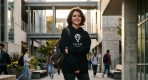 Alumna de La EJE con sudadera negra en campus educativo, símbolo de actitud emprendedora juvenil.