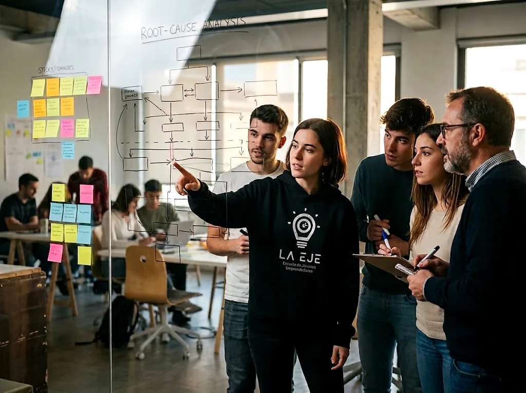 Jóvenes emprendedores de La EJE trabajando en equipo frente a una pizarra de análisis de causa raíz.