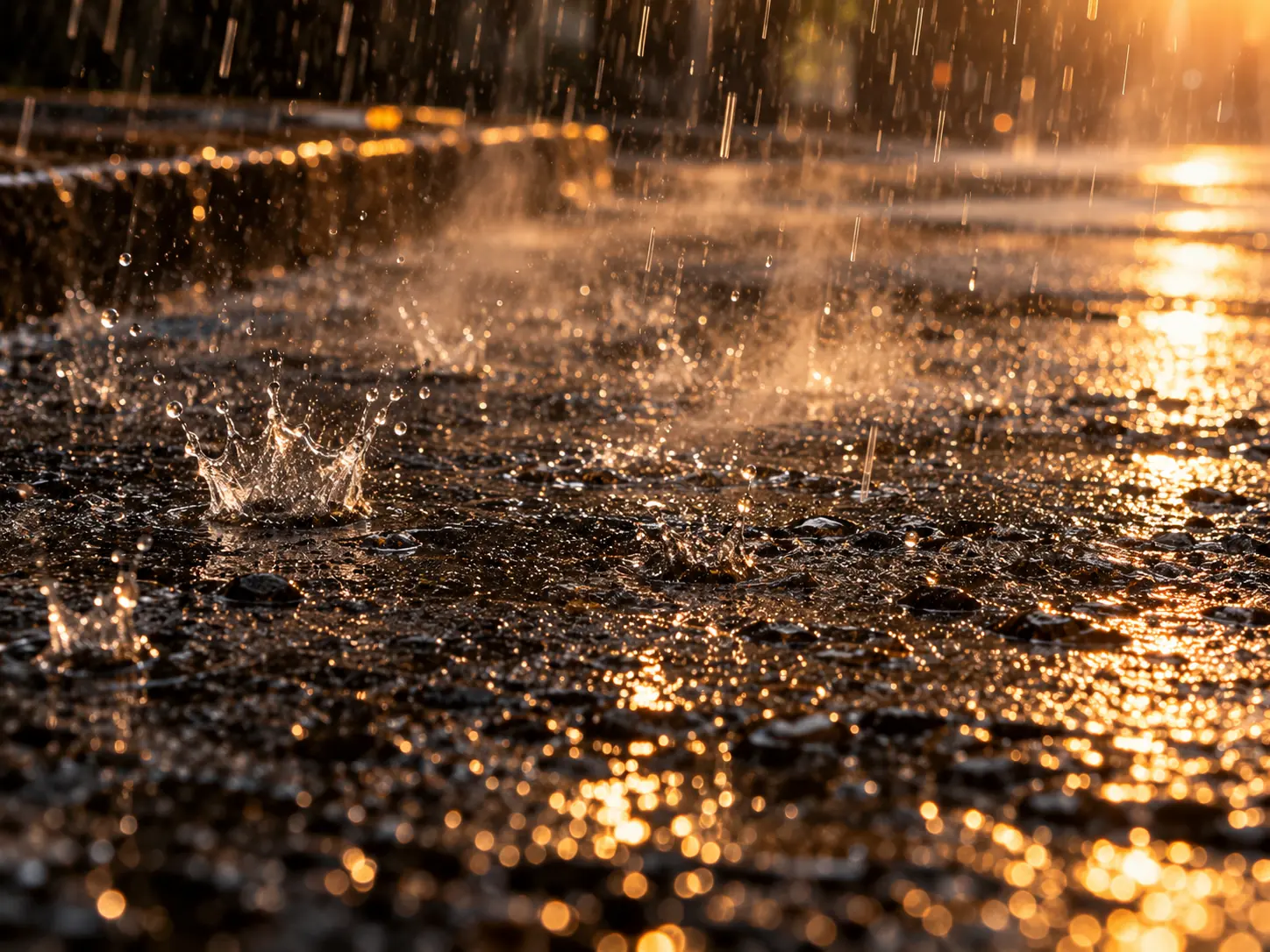 Gotas de lluvia sobre asfalto al atardecer