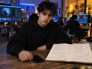 Joven trabajando el pensamiento crítico y la verificación de fuentes en un entorno creativo digital.